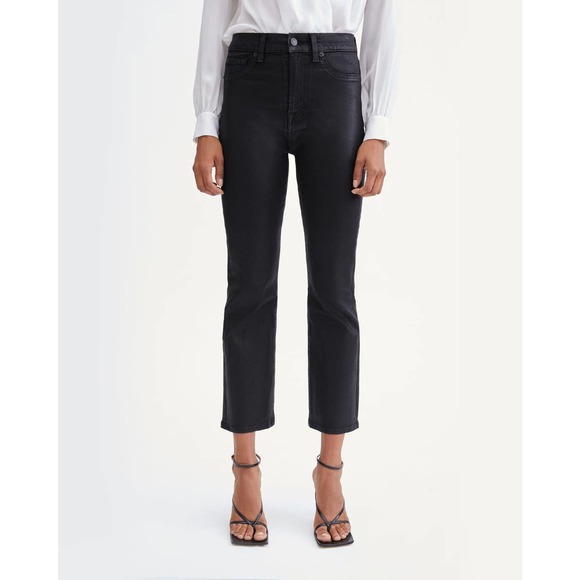 7 For All Mankind Wax Coated High Waist Slim Kick Flare Faux Leather in Black - Picture 11 of 14